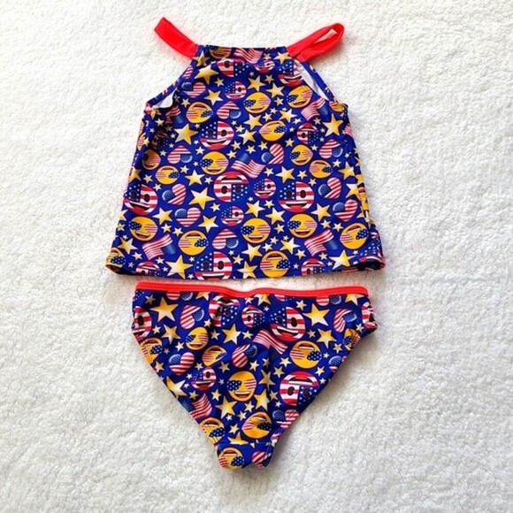 Emoji Girls Size 10 Patriotic Red White Blue 2 pc Swimming Suit Swimsuit Tankini - Picture 4 of 6